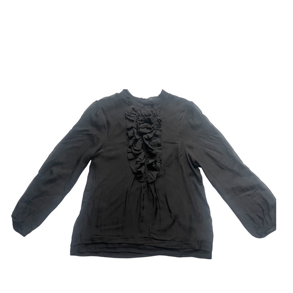 sandra angelozzi Black Silk Ruffle Blouse Large Sheer Long Sleeve Feminine Top - Picture 2 of 7